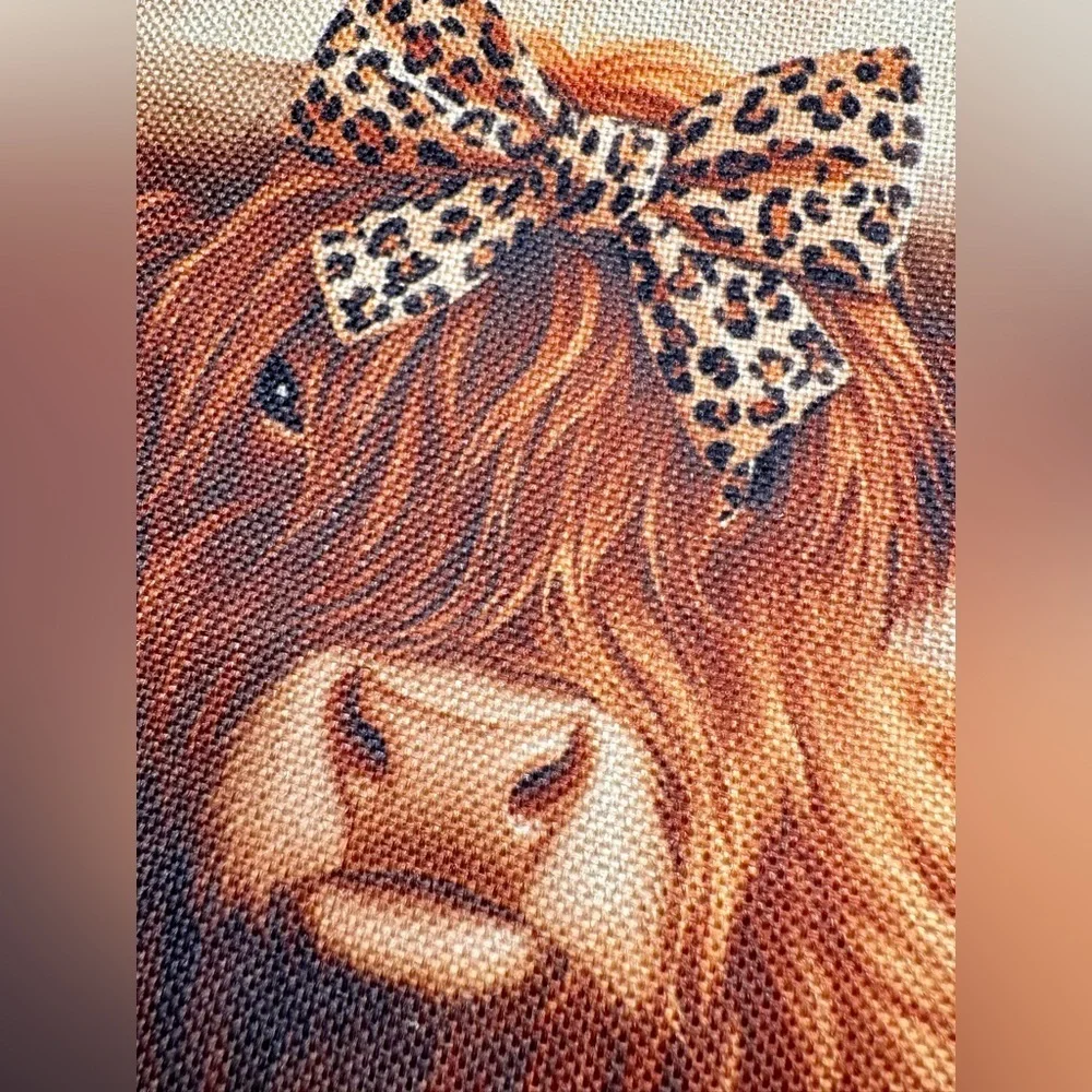 New Highland Cow w/ Leopard Bow Makeup Tech Pencil Bag w/ Pink Keychain - 10.5”